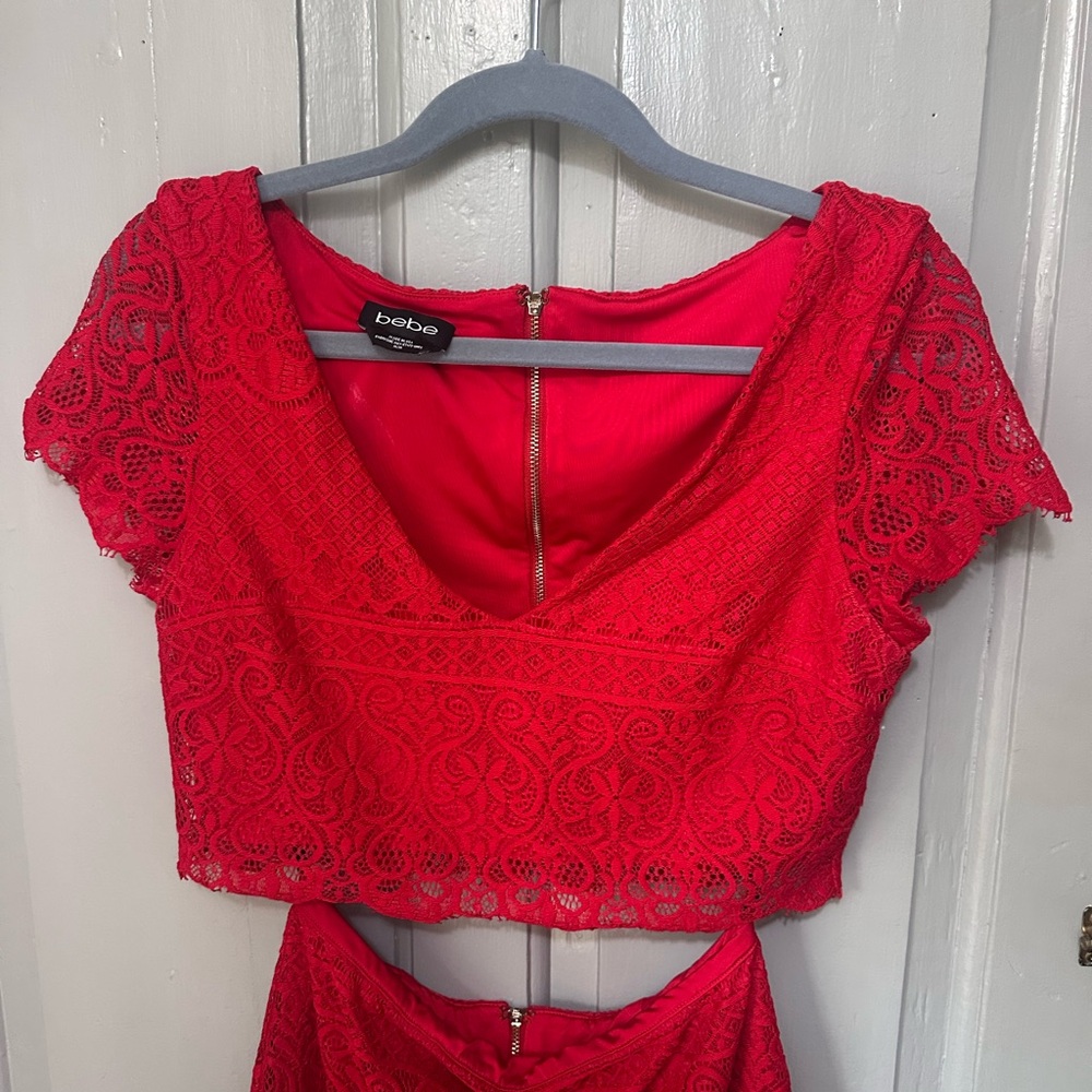 bebe Vibrant Red Lace 2 piece set - Picture 3 of 7